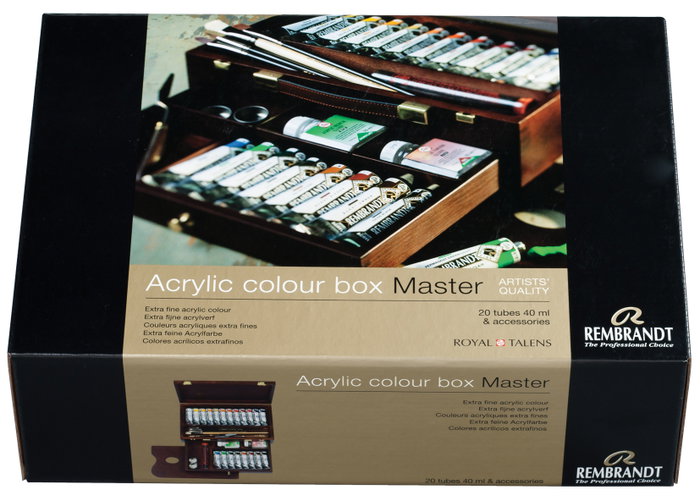 Rembrandt Set de couleurs acryliques Master 20 x 40 ml avec accessoires en boîte en bois Rembrandt Set de couleurs acryliques Master 20 x 40 ml avec accessoires en boîte en bois